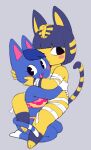  animal_crossing ankha_(animal_crossing) anthro bandage blue_body blue_fur blue_hair bra clothed clothing domestic_cat duo egyptian embrace felid feline felis female fur hair hi_res looking_at_viewer mammal nintendo panties pururing rosie_(animal_crossing) simple_background sitting skimpy smile underwear video_games yellow_body yellow_fur 