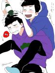  2boys annoyed black_eyes black_hair bottle carrying clenched_teeth closed_mouth drunk himoshiki laughing male_focus matsuno_ichimatsu matsuno_karamatsu multiple_boys open_mouth osomatsu-san piggyback short_hair siblings sweatdrop sweatshirt teeth translation_request twins white_background 