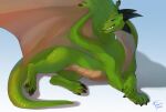  2020 ambiguous_gender bald black_claws black_horn cheek_horn claws dated dragon famir_(artist) feral green_body green_eyes green_scales grin horn membrane_(anatomy) membranous_wings pupils quadruped scales sharp_teeth signature simple_background slit_pupils smile solo tan_body tan_wings teeth wings 