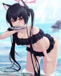  absurdres animal_ear_fluff animal_ears bikini black_bikini black_hair blue_archive cat_ears fang frilled_bikini frills halo highres long_hair nekodama2000 official_alternate_costume red_eyes serika_(blue_archive) serika_(swimsuit)_(blue_archive) swimsuit twintails 