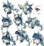  1girl ;d absurdres animal_ears arknights black_collar clenched_teeth collar expressions feimao_(angelcat) grani_(arknights) grey_hair grin highres horse_ears horse_girl infection_monitor_(arknights) long_hair multiple_views one_eye_closed open_mouth ponytail portrait purple_eyes simple_background smile teeth visor_(armor) visor_lift white_background wide-eyed 