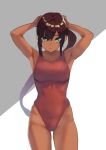  1girl absurdres arms_behind_head breasts brown_hair competition_swimsuit green_eyes highleg highleg_swimsuit highres long_hair looking_at_viewer medium_breasts one-piece_swimsuit original red_one-piece_swimsuit sametogoreijou solo standing swimsuit tan 