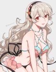  1girl alternate_costume bangs bikini breasts cleavage commentary_request corrin_(fire_emblem) corrin_(fire_emblem)_(female) fire_emblem fire_emblem_cipher fire_emblem_fates grey_background grey_hair hair_between_eyes hairband highres long_hair looking_at_viewer navel official_alternate_costume peach11_01 pointy_ears red_eyes seiza shell shell_bikini simple_background sitting smile solo starfish starfish_hair_ornament stomach swimsuit twitter_username very_long_hair wavy_hair 