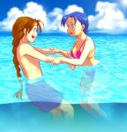  bikini blue_eyes blue_hair blue_sky blue_swim_trunks braid brown_hair couple duo_maxwell gundam gundam_wing hetero hilde_schbeiker holding_another&#039;s_arm long_hair looking_at_another male_swimwear odamaki_(260574) open_mouth outdoors pink_bikini short_hair single_braid sky swim_trunks swimsuit teeth wading 