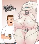  2022 anthro berkthejerk beverage_can big_breasts blue_eyes blush bottomwear breasts clothing digital_media_(artwork) duo english_text eyewear female generation_5_pokemon glasses hank_hill human king_of_the_hill legendary_pokemon male mammal nintendo pants pokemon pokemon_(species) reshiram shirt text topwear video_games white_clothing white_shirt white_topwear 