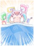  alarm_clock blanket blonde_hair blush cellphone chipmunk_ears chipmunk_girl clock closed_eyes digital_clock imnim_leef japari_symbol kemono_friends kemono_friends_v_project multicolored_hair phone pillow short_hair siberian_chipmunk_(kemono_friends) sidelocks sleeping smartphone white_hair 