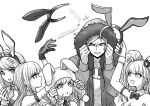  1boy 4girls :o akamatsu_kaede animal_ears bangs bear_hair_ornament bow bowtie breasts cleavage collarbone danganronpa:_trigger_happy_havoc danganronpa_(series) danganronpa_2:_goodbye_despair danganronpa_3_(anime) danganronpa_v3:_killing_harmony detached_collar enoshima_junko fake_animal_ears fur-trimmed_jacket fur_trim gloves grey_background greyscale hair_ornament highres hood hood_up jacket kirigiri_kyouko large_breasts long_hair medium_hair monochrome multiple_girls nail_polish nanami_chiaki neck_ribbon necktie official_alternate_costume playboy_bunny rabbit_ears ribbon sakakura_juuzou shirt short_hair short_necktie simple_background twintails wrist_cuffs youko-shima 