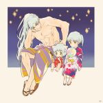  3boys abs ahoge animal_ears awarinko barefoot brothers commentary_request cotton_candy crescent crescent_facial_mark dog_ears eyeshadow facial_mark father_and_son floral_print food food_on_face forehead_mark grey_hair highres inu_no_taishou inuyasha inuyasha_(character) japanese_clothes kimono makeup multiple_boys muscular muscular_male pointy_ears ponytail print_kimono red_eyeshadow sandals sesshoumaru short_hair siblings smile whisker_markings yellow_eyes yukata 