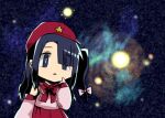  1girl bare_shoulders blue_eyes blue_hair bow bowtie cabbie_hat commentary_request flat_cap galaxy hair_bow hat hat_ornament label_girl_(dipp) long_hair long_sleeves mandarin_collar meme nebula open_mouth red_bow red_bowtie red_headwear red_skirt side_ponytail skirt solo space space_cat_(meme) star_(sky) star_(symbol) star_hat_ornament thinking touhou universe vest wadante white_bow white_sleeves white_vest wide_sleeves 