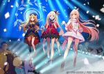  4boys 6+girls :d arms_up black_dress black_gloves blonde_hair blue_eyes catwalk_(modeling) character_request cheering company_name confetti crown dark-skinned_male dark_skin dress ereshkigal_(fate) fate/grand_order fate_(series) fishnets gloves hand_up indoors marie_antoinette_(fate) mash_kyrielight medb_(fate) mini_crown multiple_boys multiple_girls pink_hair puffy_short_sleeves puffy_sleeves purple_hair red_dress short_sleeves smile standing twintails watermark white_dress yellow_eyes yuu_(higashi_no_penguin) 