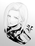  1girl close-up fate/type_redline forehead highres looking_at_viewer major_reiter minami_koyogi mole mole_under_mouth monochrome portrait short_hair 