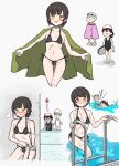  3girls bangs bikini black_bikini black_hair blunt_bangs braid commentary_request double_bun hair_bun highres kakincho kantai_collection kasuga_maru_(kancolle) kickboard long_hair multiple_girls nose pool_ladder shin&#039;you_(kancolle) side-tie_bikini_bottom solo_focus standing swimsuit taiyou_(kancolle) twin_braids water yawata_maru_(kancolle) yellow_eyes 