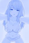  1girl aoe_nagi blue_theme bra breasts cleavage from_below highres large_breasts long_hair looking_at_viewer looking_down monochrome navel panties pov sagging_breasts shounen_no_abyss sketch solo underwear underwear_only viperxtr 