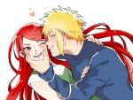  1boy 1girl ;d awarinko bangs blonde_hair blush cheek_squash closed_eyes commentary_request heart husband_and_wife long_hair long_sleeves namikaze_minato naruto_(series) naruto_shippuuden one_eye_closed open_mouth red_eyes red_hair sidelocks simple_background smile spiked_hair uzumaki_kushina white_background 