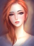  1girl 2016 brown_eyes collarbone dated expressionless eyeliner geo_siador grey_shirt hair_over_shoulder highres lips long_hair looking_at_viewer makeup nose nostrils original parted_lips portrait realistic red_hair shirt signature simple_background solo 