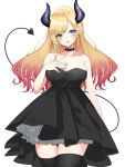  1girl :p absurdres bare_arms black_choker black_dress black_thighhighs blonde_hair blue_eyes blush breasts choker cleavage cowboy_shot demon_horns demon_tail dreamoon dress gradient_hair highres hololive horns large_breasts looking_at_viewer multicolored_hair pointy_ears red_hair simple_background solo standing strapless strapless_dress tail tail_raised thighhighs tongue tongue_out virtual_youtuber white_background yuzuki_choco 