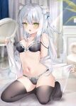  1girl :o animal_ears black_thighhighs bra breasts cat_ears cat_girl cat_tail fang full_body green_eyes grey_bra grey_panties long_hair looking_at_viewer medium_breasts navel original panties plaid plaid_bra plaid_panties pon_(ponidrop) stomach tail thighhighs underwear white_hair 