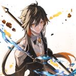  1boy black_gloves brown_hair coat collared_shirt earrings formal gem genshin_impact gloves gradient_hair hair_between_eyes highres holding holding_polearm holding_weapon jewelry kanangnsn male_focus multicolored_hair necktie orange_eyes orange_hair polearm shirt single_earring solo spear tassel tassel_earrings vest vortex_vanquisher_(genshin_impact) weapon white_background white_necktie wing_collar zhongli_(genshin_impact) 