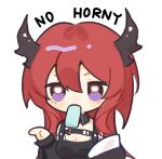  1girl arknights black_collar black_dress breasts chibi cleavage collar demon_horns detached_collar dress food food_in_mouth hair_between_eyes hand_up horns long_hair meme mouth_hold no_horny_(meme) popsicle purple_eyes red_hair simple_background solo surtr_(arknights) white_background xuan_(xxuanl0424) 