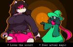  &lt;3 anthro belt big_breasts black_body black_fur black_hair bottomwear bovid breasts caprine catjam_(artist) catti_(deltarune) clothing deltarune denim denim_clothing duo ear_piercing ear_ring eyeliner eyewear felid feline female fur glasses goat hair hat headgear headwear hi_res horn jeans jewelry looking_at_another looking_back magic magic_user makeup male mammal necklace pants pentagram phone phone_case piercing pink_bottomwear pink_clothing pink_hair pink_pants pointed_hat ralsei ring_piercing robe scarf simple_background size_difference studded_belt text thick_thighs torn_bottomwear torn_clothing torn_jeans torn_pants undertale_(series) video_games white_body white_fur yellow_sclera 