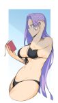  1girl breasts dyun fate_(series) forehead glasses highres long_hair medusa_(fate) medusa_(rider)_(fate) purple_eyes purple_hair reading swimsuit 