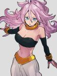  1girl android_21 bandeau black_sleeves blue_eyes bracelet breasts cleavage detached_sleeves dragon_ball dragon_ball_fighterz earrings grey_background hair_between_eyes hoop_earrings jewelry kemachiku large_breasts long_hair looking_at_viewer majin_android_21 midriff navel pink_hair simple_background solo strapless tube_top 