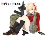  ak-74 aks-74u assault_rifle bangs black_socks blonde_hair bob_cut character_doll copyright_name eotech gloves gun hair_ribbon handgun harness head_tilt highres holding holding_weapon jacket kalashnikov_rifle kneehighs loafers looking_at_viewer lycoris_recoil lycoris_uniform meme neck_ribbon nishikigi_chisato orange_eyes pleated_skirt recoil red_jacket ribbon rifle sakana~_(meme) school_uniform shirt shoes short_hair sidelocks skirt smile socks thighs two-tone_gloves vertical_foregrip weapon white_background white_shirt zenge_hd 