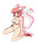  1girl animal_ear_fluff animal_ears bangs bare_arms bare_shoulders bikini breasts cat_ears cat_girl cat_tail choker cleavage closed_mouth collarbone colored_shadow commentary_request drop_shadow full_body hair_between_eyes high_heels highres medium_breasts muu_(mumumer) navel original pink_hair red_choker red_eyes red_footwear shadow shoes simple_background solo swimsuit tail white_background white_bikini 