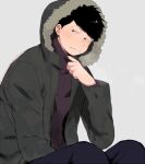  1boy adjusting_clothes alternate_costume black_eyes black_hair grey_background himoshiki hood hoodie looking_at_viewer male_focus matsuno_ichimatsu osomatsu-san short_hair sitting sweater winter_clothes 