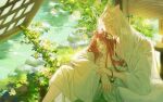  1boy 1girl absurdres architecture blurry bokeh brown_hair chinese_clothes closed_eyes day depth_of_field east_asian_architecture flower hair_down hair_flower hair_ornament hanfu highres hug light_and_night_love long_hair protagonist_(light_and_night_love) qi_sili scroll water white_flower yibozan62542 