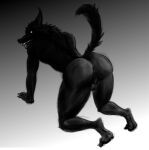  anthro anus balls black_body butt canid canine canis fur genitals glowing glowing_eyes hindpaw lickerdemon looking_at_viewer male mammal monochrome nightmare_fuel paws raised_tail simple_background solo were werecanid werecanine werewolf wolf 
