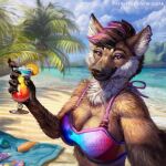  2022 alcohol anthro beach beverage bikini bikini_top biped breasts brown_body brown_fur canid canine claws cleavage clothed clothing cocktail detailed_background digital_media_(artwork) ear_piercing ear_ring female finger_claws fur hair looking_at_viewer mammal maned_wolf outside palm_tree pawpads piercing pink_hair plant red-izak ring_piercing seaside smile solo swimwear tree white_body white_fur 