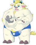  2022 anthro aumy_wani babe_bunyan belly big_belly blue_eyes blush bovid bovine bulge cattle clothing duo humanoid_hands kemono lifewonders male mammal micro moobs overweight overweight_male tokyo_afterschool_summoners underwear video_games 