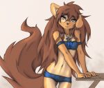  anthro apogee_(tinygaypirate) arm_support arm_tuft bare_shoulders black_nose bra breasts brown_body brown_eyes brown_fur brown_hair canid canine canis cheek_tuft clothing cowlick domestic_dog dreamcatcher elbow_tuft eyebrow_through_hair eyebrows eyelashes facial_tuft female floppy_ears fur grey_background hair hi_res inner_ear_fluff jewelry long_hair looking_at_viewer mammal messy_hair mottled mottled_nose navel necklace open_mouth panties pink_nose simple_background slim solo spitz thigh_gap tinygaypirate translucent translucent_hair tuft underwear 
