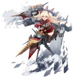  1girl azur_lane blonde_hair bluecher_(azur_lane) character_name fang gloves highres kurumi_(recycllamo) long_hair looking_at_viewer nin_(lion) official_art one_eye_closed open_mouth pleated_skirt red_eyes scarf skirt smile thighhighs transparent_background 