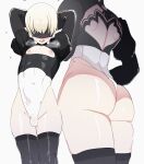  1boy arms_up ass back_cutout black_blindfold black_thighhighs blindfold blush bulge chest_cutout clothing_cutout cosplay crossdressing from_behind juliet_sleeves leotard long_sleeves male_focus multiple_views nier_(series) nier_automata nipples open_mouth otoko_no_ko pea_(vaultboy503) puffy_sleeves short_hair smile standing thighhighs white_hair yorha_no._2_type_b yorha_no._2_type_b_(cosplay) yorha_no._9_type_s 