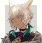  1girl animal_ears bangs black_choker border brooch bushi_shui_zi_ba cat_ears chinese_commentary choker commentary_request facial_mark feather_hair_ornament feathers final_fantasy final_fantasy_xiv fur_trim gem grey_background grey_eyes grey_hair hair_ornament highres jewelry looking_at_viewer miqo&#039;te outside_border portrait purple_gemstone short_hair simple_background slit_pupils smile solo white_border y&#039;shtola_rhul 