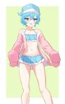  1boy :d bare_shoulders bikini bikini_under_clothes blue_eyes blue_hair blue_headwear border collarbone frilled_bikini frills green_background highres jacket kujira-chan_(hina_misora) navel off_shoulder otoko_no_ko outside_border personification pink_jacket pink_sweater pmasterm short_hair sleeves_past_fingers sleeves_past_wrists smile solo stomach sweater swimsuit wactor_production whale whale_hat white_border 