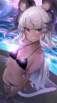  1girl animal_ears bikini black_bikini blonde_hair breasts dark-skinned_female dark_skin highres horns long_hair looking_at_viewer mole mole_on_thigh mole_under_eye ocean project_blue_(vtuber) purple_eyes small_breasts smile solo sugar_glider_(project_blue) swimsuit tail tanyatonya teeth virtual_youtuber water 