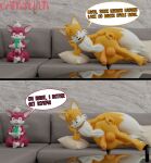  3d_(artwork) anthro balls camseven canid canine casual_nudity chip_(sonic) crossed_legs digital_media_(artwork) dipstick_tail duo erection fox fur furniture genitals girly hair half-closed_eyes hi_res looking_at_viewer lying male mammal markings miles_prower multi_tail narrowed_eyes on_side orange_body orange_fur penis phone pillow red_body red_fur reflection sega sofa sonic_the_hedgehog_(series) sonic_the_hedgehog_series sonic_unleashed tail_markings teapot_(body_type) thick_thighs unknown_species watermark white_hair wide_hips wings 