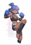  1girl bare_shoulders black_shorts black_socks blue_hair blue_nails boxing_gloves breasts cleavage collarbone commentary_request cropped_legs dark-skinned_female dark_skin difman eyebrows_hidden_by_hair highres looking_at_viewer medium_breasts nail_polish no_shoes original ponytail purple_eyes short_eyebrows short_shorts shorts socks solo standing standing_on_one_leg stirrup_legwear thick_eyebrows toeless_legwear 