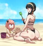  2girls anya_(spy_x_family) babusgames barefoot beach bikini black_bikini black_hair blue_sky breasts dangle_earrings earrings feet hairband highres jewelry mother_and_daughter multiple_girls ocean one-piece_swimsuit outdoors pink_hair sand sand_castle sand_sculpture shaded_face sideboob sitting sky smile soles spy_x_family swimsuit toes trowel wariza wide-eyed yor_briar 