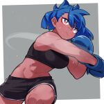  1girl absurdres bangs bare_shoulders black_shorts blue_hair boxing_gloves breasts commentary english_commentary grey_background hair_between_eyes highres kanke_(kank06020602) looking_away medium_breasts navel original punching red_eyes short_eyebrows short_shorts shorts solo sweat thick_eyebrows two-tone_background white_background 