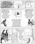  black_and_white claws comic comic_panel confusion dialogue dragon dreadnought_(nuree_art) duo female feral forest ghost hi_res horn leaf line_art magic male monochrome nature nuree_art outside plant reevah_(nuree_art) rock scalie shadow sketch soul speech_bubble spikes spirit tree western_dragon wood 