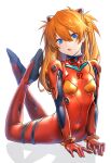  1girl absurdres arched_back bangs blue_hair blush bodysuit breasts covered_navel deluxe&lt;&lt;&lt; headpiece highres long_hair multicolored_bodysuit multicolored_clothes neon_genesis_evangelion open_mouth orange_hair plugsuit solo souryuu_asuka_langley 