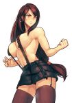  1girl absurdres babusgames black_skirt breasts cropped_legs final_fantasy final_fantasy_vii final_fantasy_vii_remake garter_straps highres large_breasts long_hair low-tied_long_hair naked_suspenders navel no_bra pleated_skirt skirt solo stomach suspenders thighhighs tifa_lockhart 