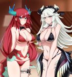  2girls absurdres arms_behind_back bangs bare_shoulders between_legs bikini black_bikini black_choker black_horns black_neckerchief blue_eyes blue_horns blush breasts chamber_dragonmaid choker cleavage closed_mouth collarbone commentary cowboy_shot detached_collar dragon_girl dragon_horns dragon_tail dragon_wings duel_monster green_horns hand_between_legs hand_on_own_chest highres horns indoors kitchen_dragonmaid large_breasts long_hair looking_at_viewer low_wings maid_headdress multiple_girls navel neckerchief o-ring o-ring_bikini pink_eyes red_bikini red_hair sidelocks standing stomach swimsuit synchroman tail thigh_strap white_hair wings yu-gi-oh! 