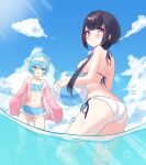  1boy 1girl :d :o ass back ball bare_arms bare_shoulders beachball bikini birthday black_hair blue_bikini blue_eyes blue_hair blue_headwear blue_sky blush breasts cloud collarbone day flat_chest frilled_bikini frills halterneck highres hina_misora kujira-chan_(hina_misora) lens_flare light_rays looking_back low_twintails medium_breasts multicolored_hair navel ocean off_shoulder otoko_no_ko partially_submerged personification pink_sweater pmasterm short_hair side-tie_bikini_bottom sidelocks sky sleeves_past_fingers sleeves_past_wrists smile streaked_hair sunbeam sunlight sweater swimsuit thighs twintails virtual_youtuber wactor_production water water_drop whale whale_hat white_bikini 