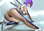  1girl ariverkao ass bangs barcode barcode_tattoo breasts dated ghost_in_the_shell gloves hanging_breasts high_heels kusanagi_motoko large_breasts lips looking_at_viewer one_knee patreon_logo purple_eyes purple_hair revealing_clothes short_hair signature solo tattoo 