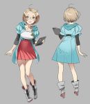  1girl ahoge amies_ernest breasts brown_hair full_body glasses grey_background high_heels medium_breasts miniskirt nishieda open_mouth pink_eyes pleated_skirt red_skirt see-through short_hair skirt smile solo super_robot_wars super_robot_wars_t 
